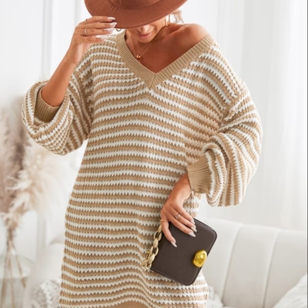 Really Oversized Striped Lightweight V-Neck Sweater Dress